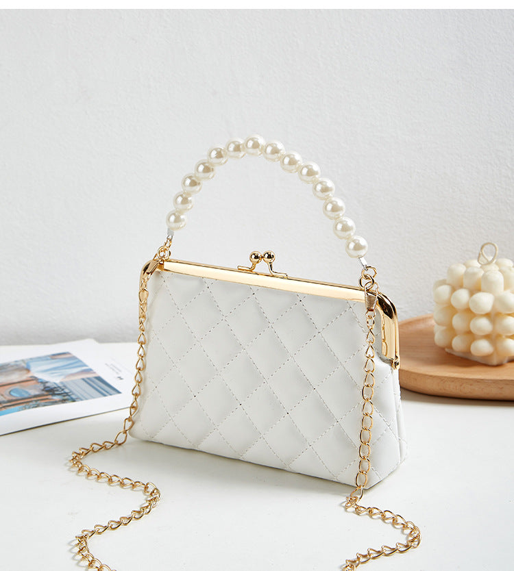 New Fashion Versatile Lingge Embroidery Clip Chain Strap Crossbody Mobile Phone Bag Pearl Handheld Women's Bag