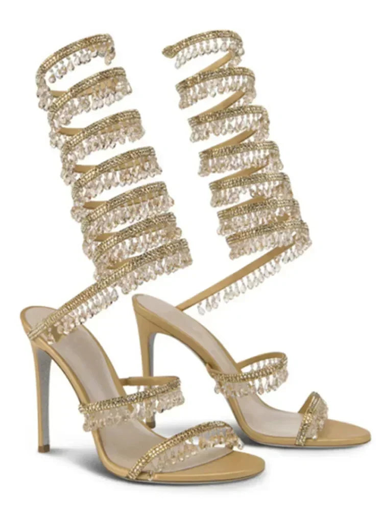 2025 Women's New Rhinestone Sandals Fashion Tassel Crystal Shoes Sexy Nightclub Banquet Party Twining Stiletto Women's Sandals