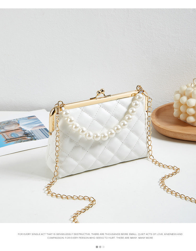New Fashion Versatile Lingge Embroidery Clip Chain Strap Crossbody Mobile Phone Bag Pearl Handheld Women's Bag