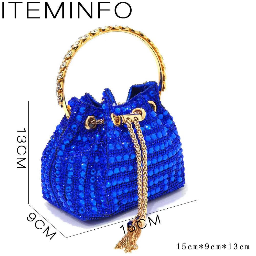 Rhinestones Women Evening Bags Bucket Design Party Day Clutch Soft Mixed Color Handle Design Handbags Purse Mature