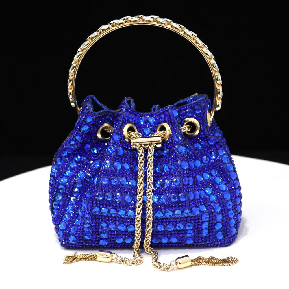 Rhinestones Women Evening Bags Bucket Design Party Day Clutch Soft Mixed Color Handle Design Handbags Purse Mature