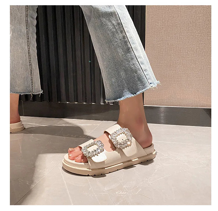 pearl rivets thick bottom women slippers crystal beading flip flops lace band platform sandalias mujer pearl slides big size 43