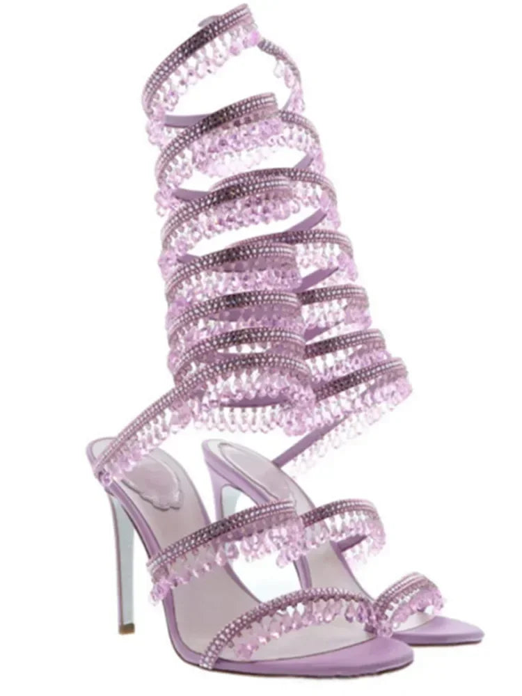2025 Women's New Rhinestone Sandals Fashion Tassel Crystal Shoes Sexy Nightclub Banquet Party Twining Stiletto Women's Sandals