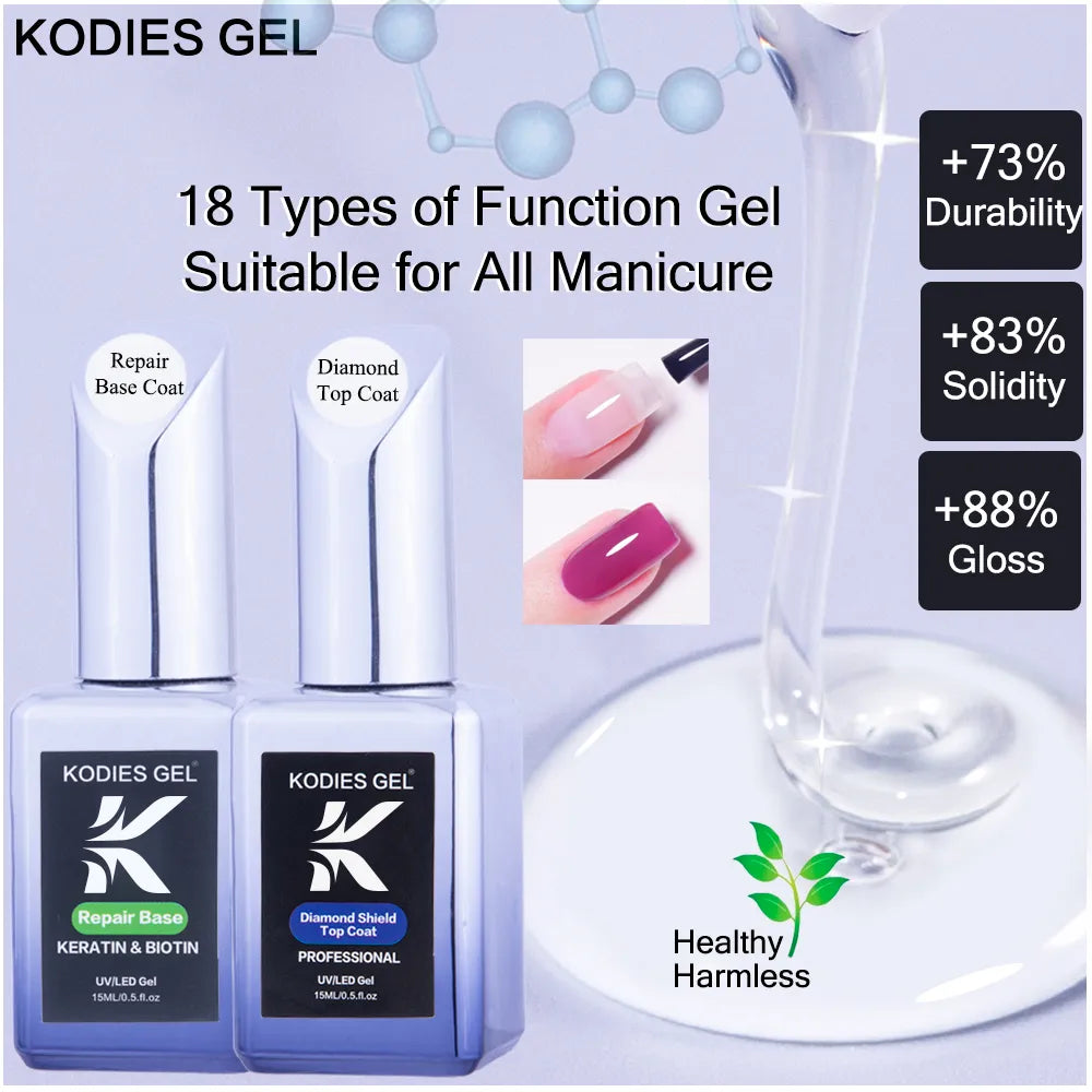 KODIES GEL 18 Types Base Gel Top Coat No Wipe Semi Permanent UV Gel Nail Polish 15ML Diamond Clear Nail Tips Glue Manicure Tools