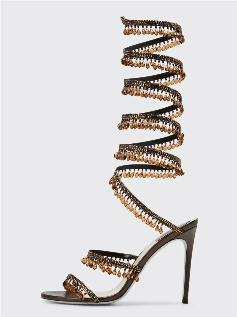 2025 Women's New Rhinestone Sandals Fashion Tassel Crystal Shoes Sexy Nightclub Banquet Party Twining Stiletto Women's Sandals
