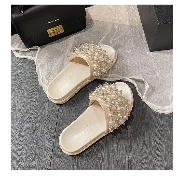 pearl rivets thick bottom women slippers crystal beading flip flops lace band platform sandalias mujer pearl slides big size 43