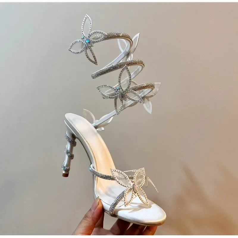 Luxury Crystal Embellished Butterfly Detail Women Sandals Sexy Coiled Strap Thin High heels Gladiator sandals Summer Party Shoes