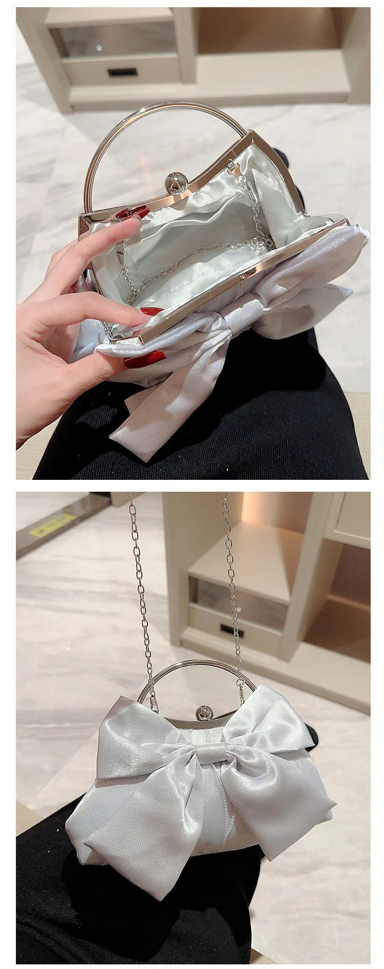 White Satin Bow Fairy Evening Bags Clutch Metal Handle Handbags for Women Wedding Party Bridal Clutches Purse Chain Shoulder Bag