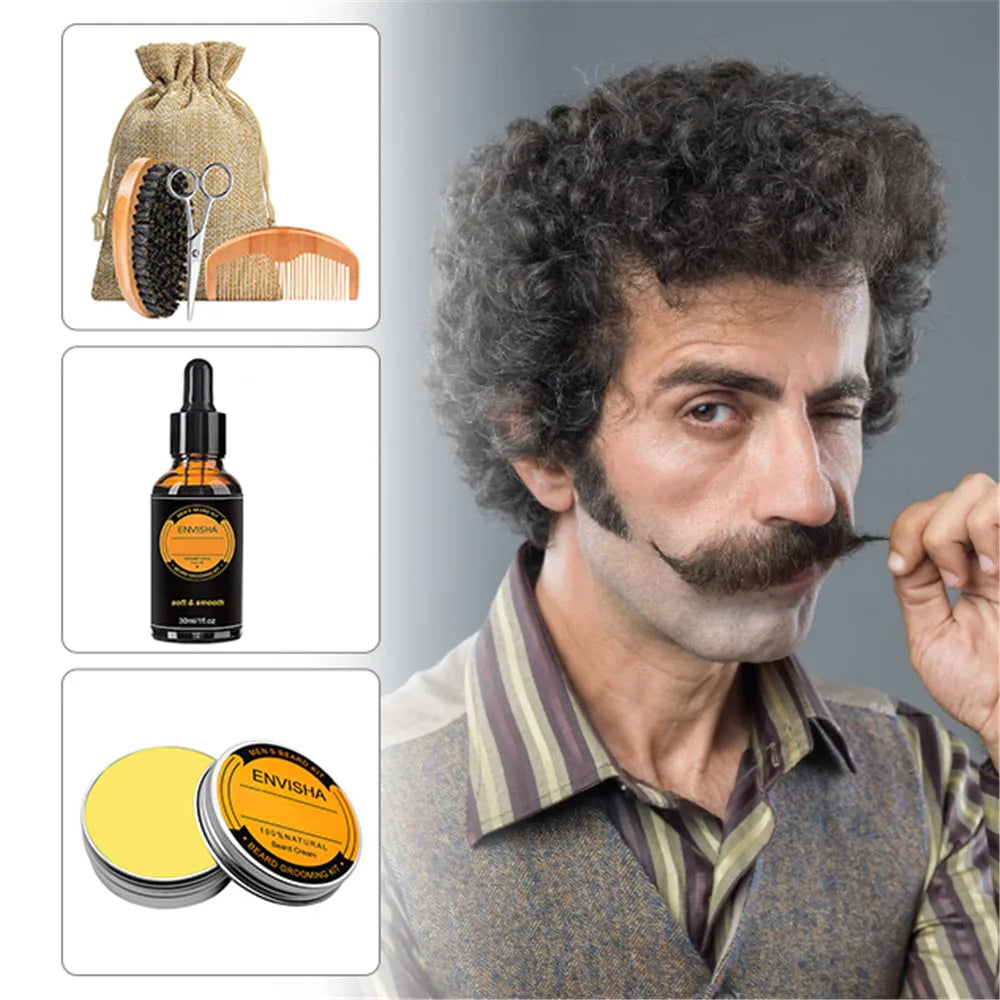 1 Set Men Beard Grooming Kit Mustache Beard Hair Growth Oil Styling Tool Beard Essential Balm Comb Moisturize Wax Scissor