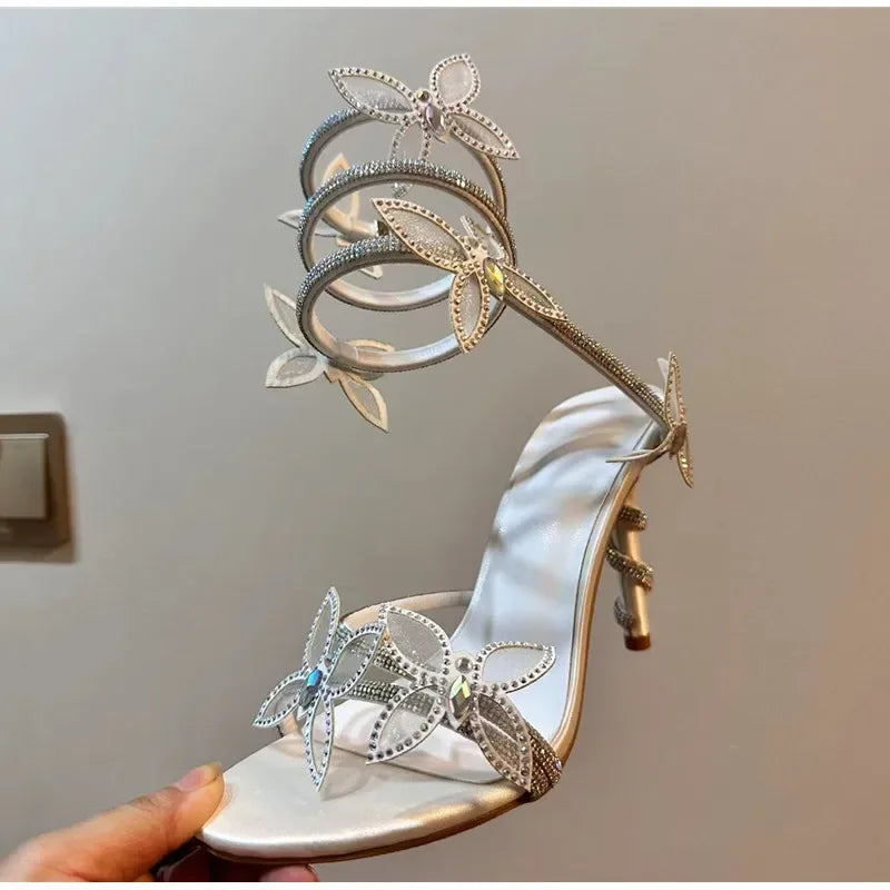 Luxury Crystal Embellished Butterfly Detail Women Sandals Sexy Coiled Strap Thin High heels Gladiator sandals Summer Party Shoes