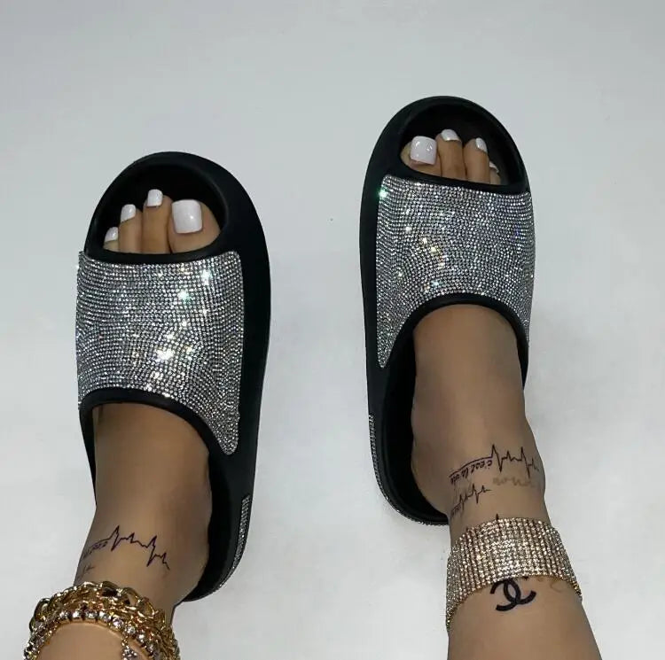 2023 women's/men new women's shoes with diamond face, thin flash thick bottom slippers sandals outdoor beach slippers 36-45
