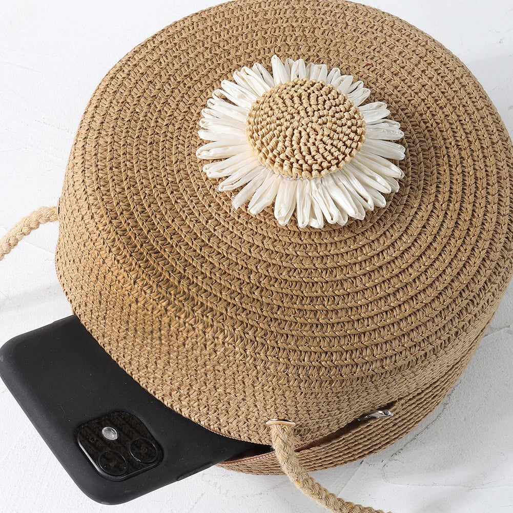 Rattan Woven Women Straw Bag Adjustable Shoulder Bag Handbag Knit Flower Summer Beach Woman Shoulder Messenger Khaki Beige Bags