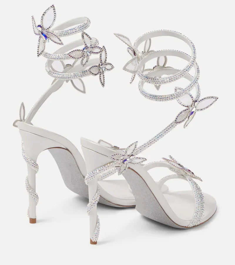 Luxury Crystal Embellished Butterfly Detail Women Sandals Sexy Coiled Strap Thin High heels Gladiator sandals Summer Party Shoes