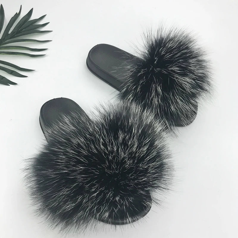 SARSALLYA Fur Slippers Women Real Fox Fur Slides Home Furry Flat Sandals Female Cute Fluffy House Shoes Woman Brand Luxury 2024