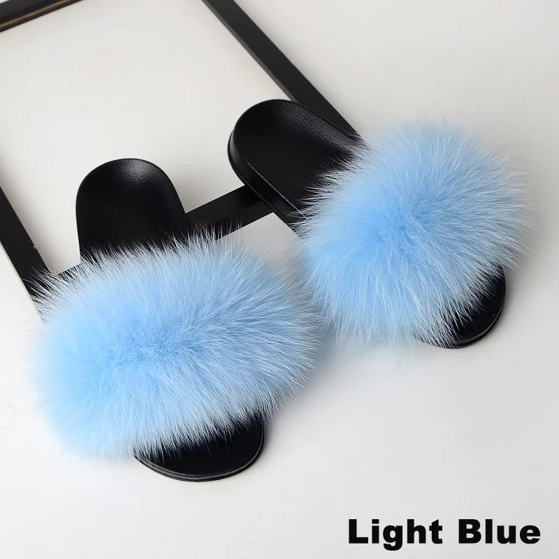 SARSALLYA Fur Slippers Women Real Fox Fur Slides Home Furry Flat Sandals Female Cute Fluffy House Shoes Woman Brand Luxury 2024