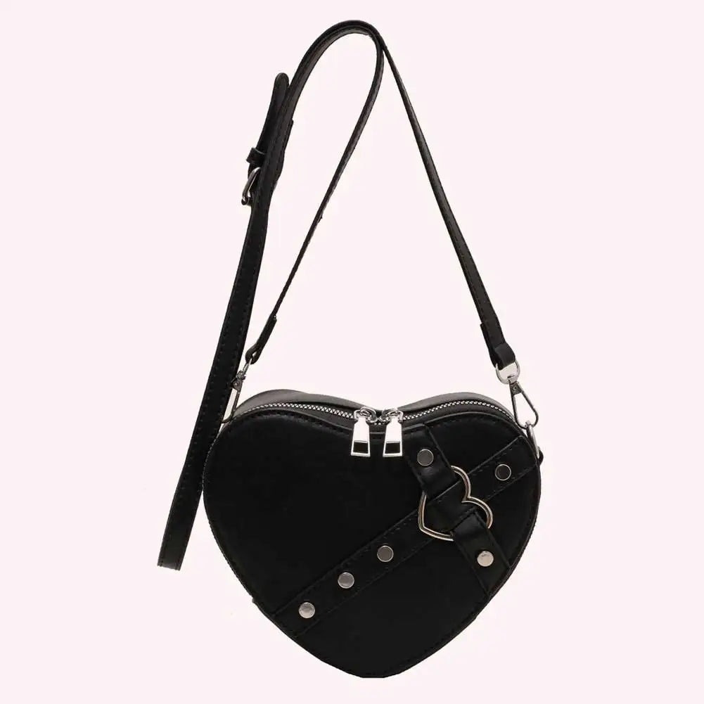 Vintage Y2K Small Chain Rivet Shoulder Bag Heart Shaped Purse Handbag Red PU Leather Gothic Tote Bag Fashion Women Crossbody Bag
