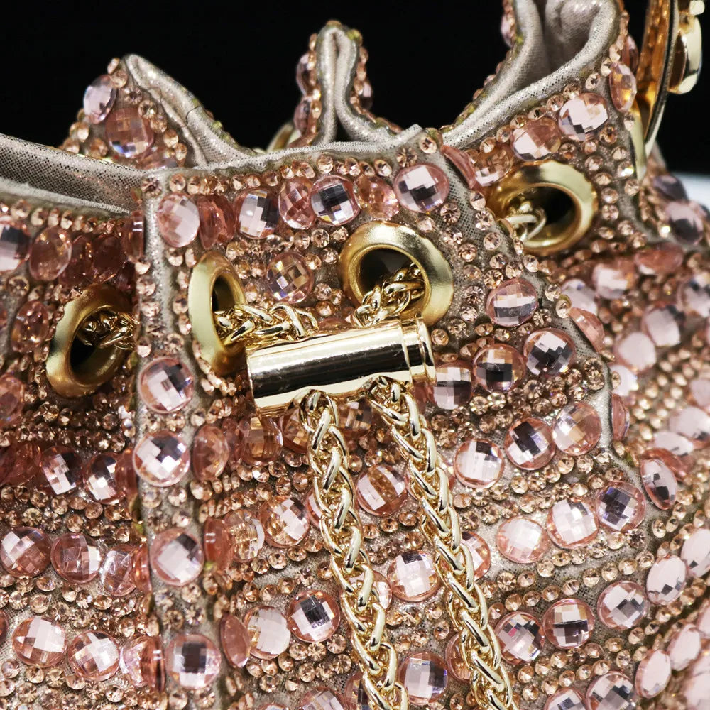 Rhinestones Women Evening Bags Bucket Design Party Day Clutch Soft Mixed Color Handle Design Handbags Purse Mature