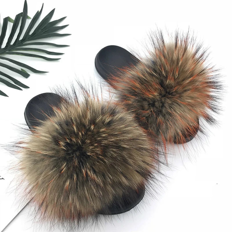 SARSALLYA Fur Slippers Women Real Fox Fur Slides Home Furry Flat Sandals Female Cute Fluffy House Shoes Woman Brand Luxury 2024