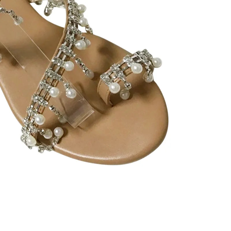 1 Pair Women Beach Sandals Faux Pearl Tassels Flat Dressy Ankle Strap Open Toe Lightweight Women Casual Sandals Shoes