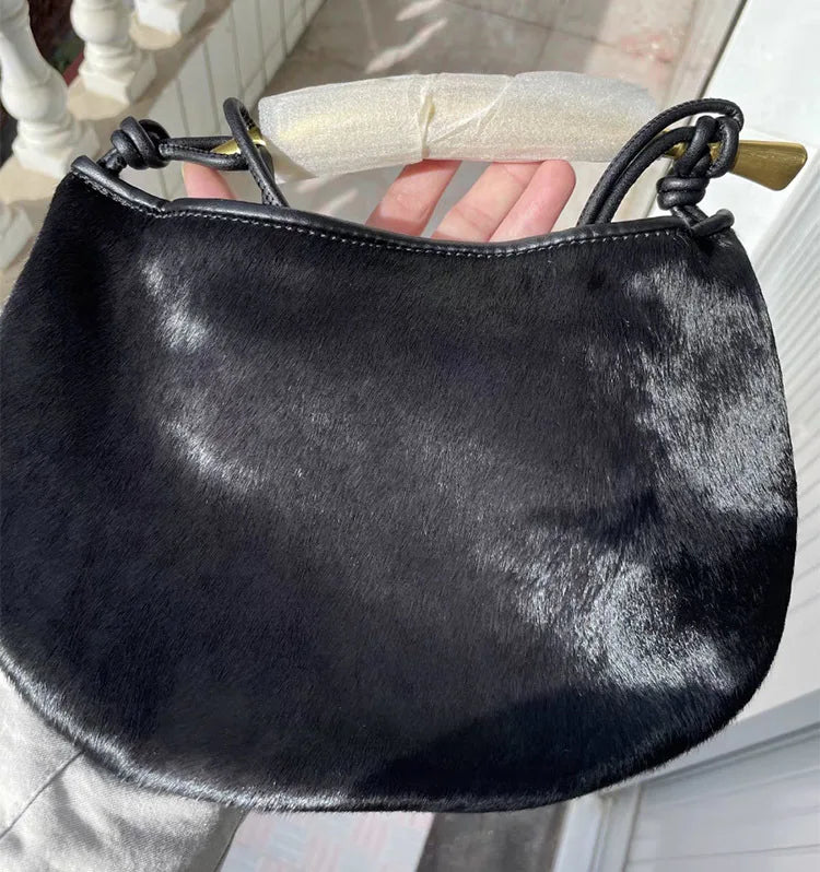 Genuine Horsehide Shoulder Bag Cows Pattern Detachable Strap