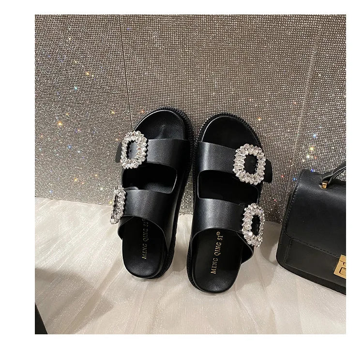 pearl rivets thick bottom women slippers crystal beading flip flops lace band platform sandalias mujer pearl slides big size 43