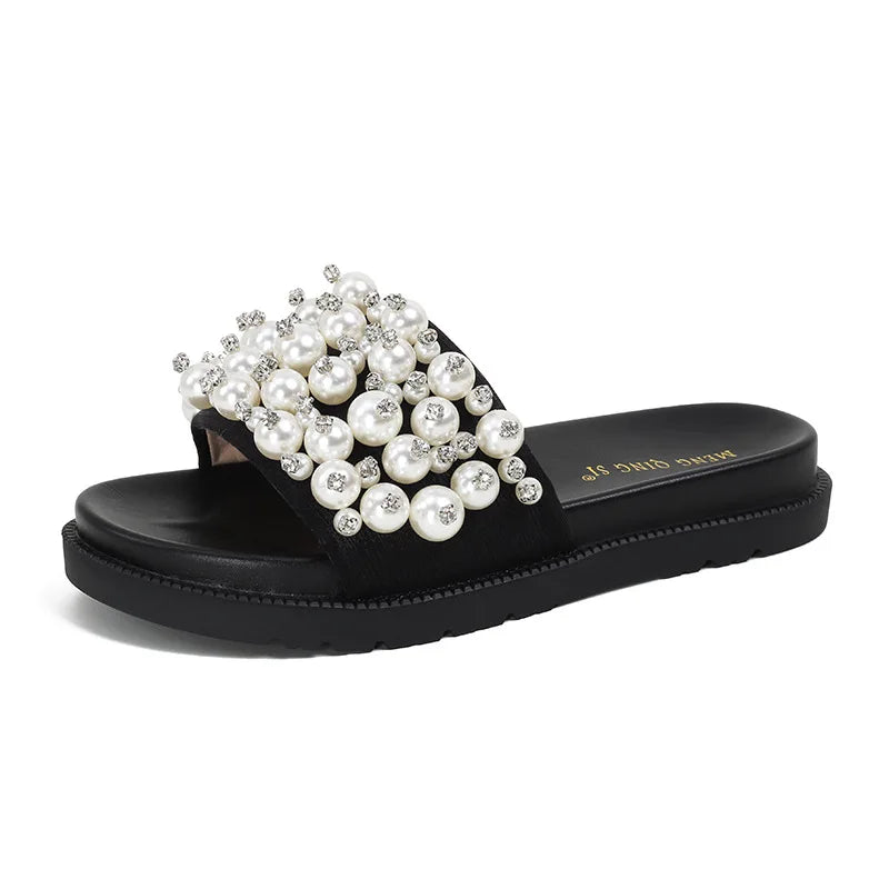 pearl rivets thick bottom women slippers crystal beading flip flops lace band platform sandalias mujer pearl slides big size 43