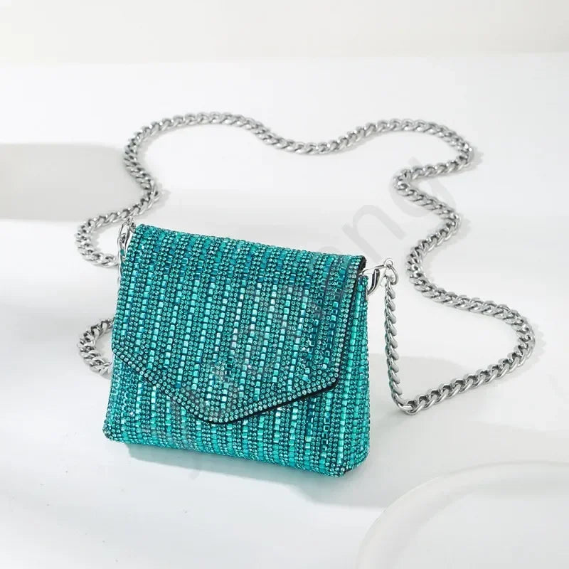 Female Bling Chain Crossbody Bag Ladies Mini Rhinestone Small Envelop Shoulder Purse Full Diamond Messenger Evening Bag