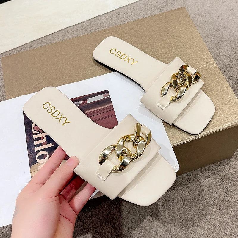 New Chain Women Slippers Summer Slippers Low Heel Women's Sandals Indoor Bathroom Outdoor Walk Fashion Show Plus Size 35-42