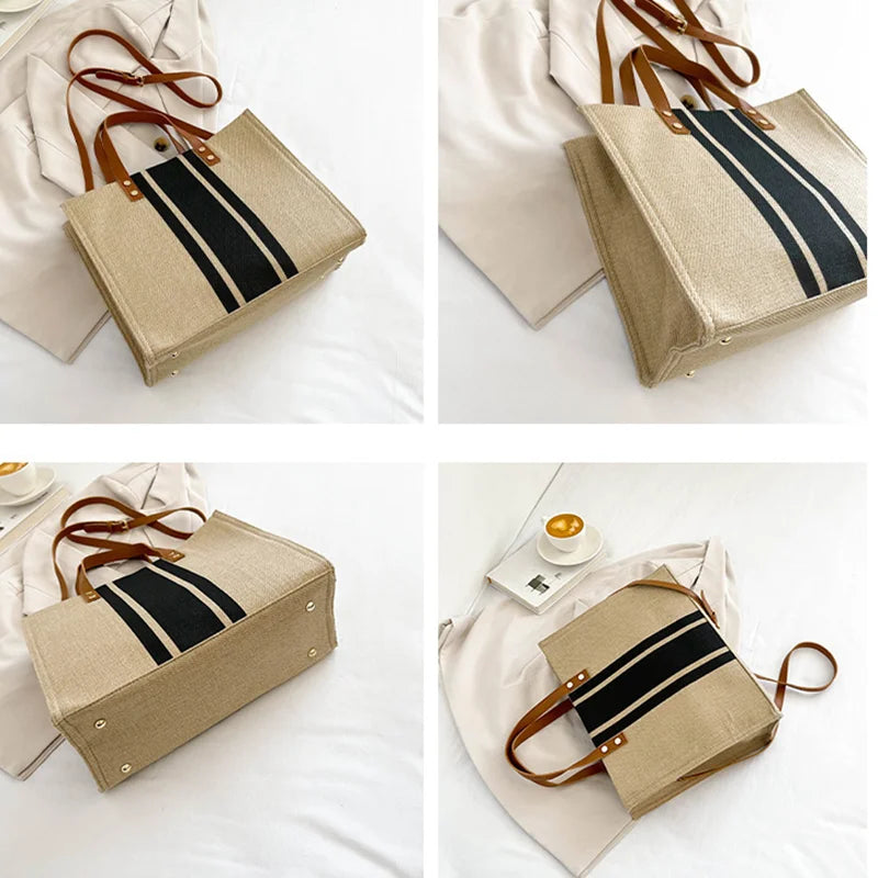 Simple Canvas Stripe Decor Bucket Handbags Women Top Handle Tote Bag Large Capacity Casual Shoulder Crossbody Bags