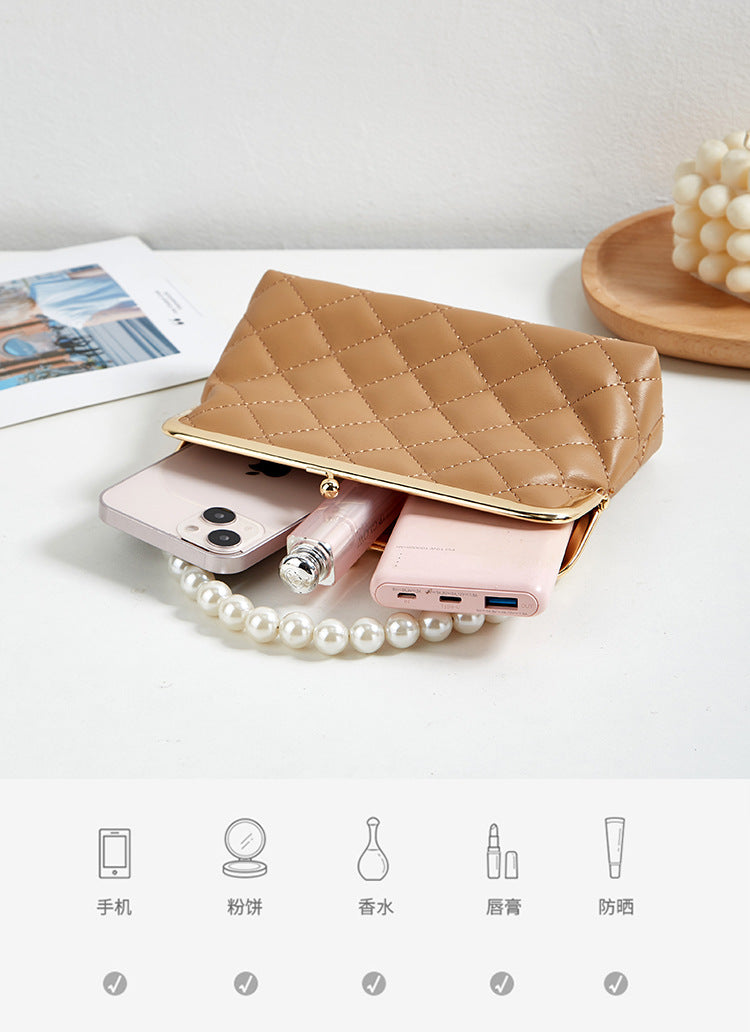 New Fashion Versatile Lingge Embroidery Clip Chain Strap Crossbody Mobile Phone Bag Pearl Handheld Women's Bag