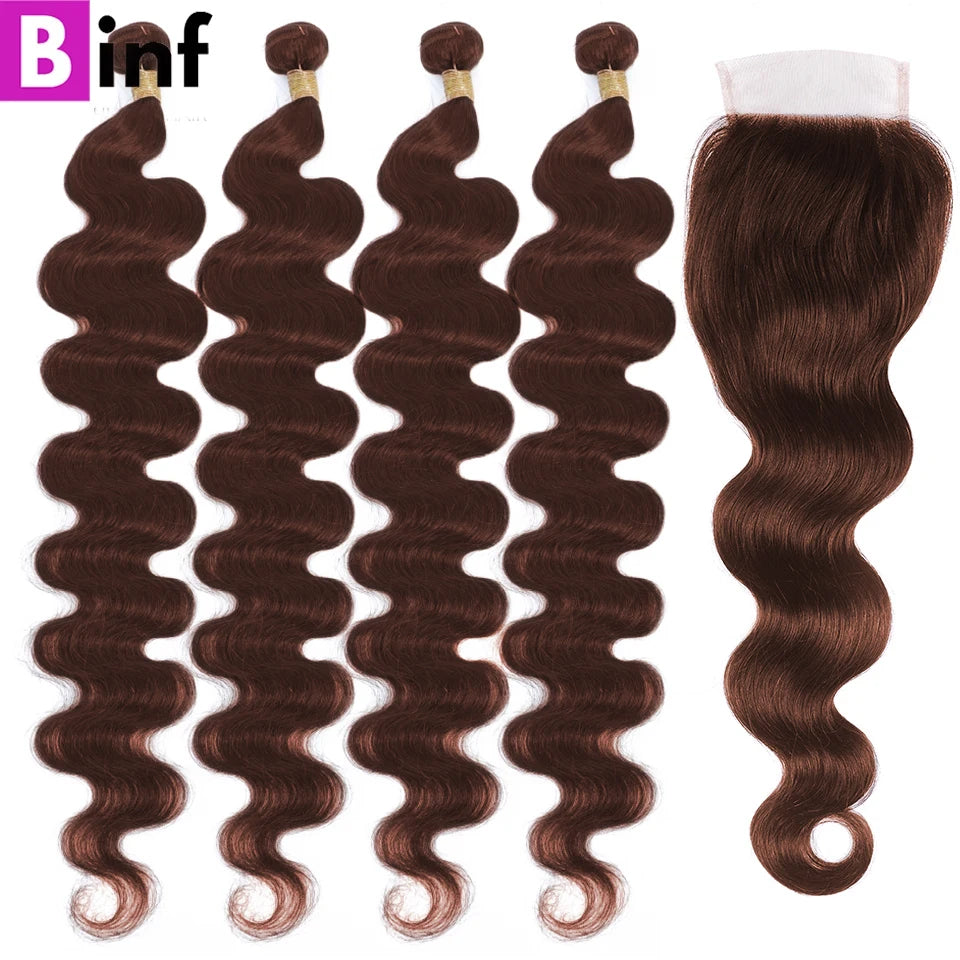 #4 Chocolate Brown Colored Bundles With Closure Body Wave Brazilian Human Hair Weave Bundles With HD Lace Closure Frontal