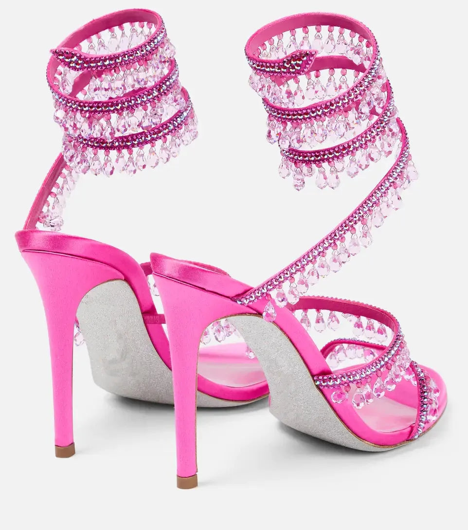 2025 Women's New Rhinestone Sandals Fashion Tassel Crystal Shoes Sexy Nightclub Banquet Party Twining Stiletto Women's Sandals