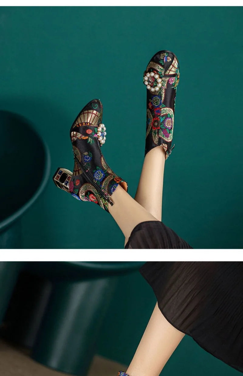 FHC New Chinese Style Women Ankle Boots,Fashion Embroidery Winter Shoes,High Heels Short Botas,Pointed Toe,Black,Yellow,Dropship