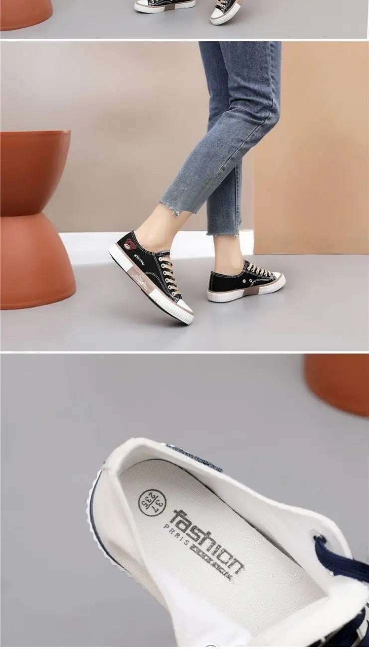 Comemore High-top Canvas Woman Vulcanized Shoes Flats Casual Espadrilles for Women Spring Lady Black White Bear Lace Up Sneakers