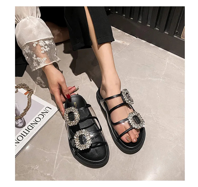 pearl rivets thick bottom women slippers crystal beading flip flops lace band platform sandalias mujer pearl slides big size 43