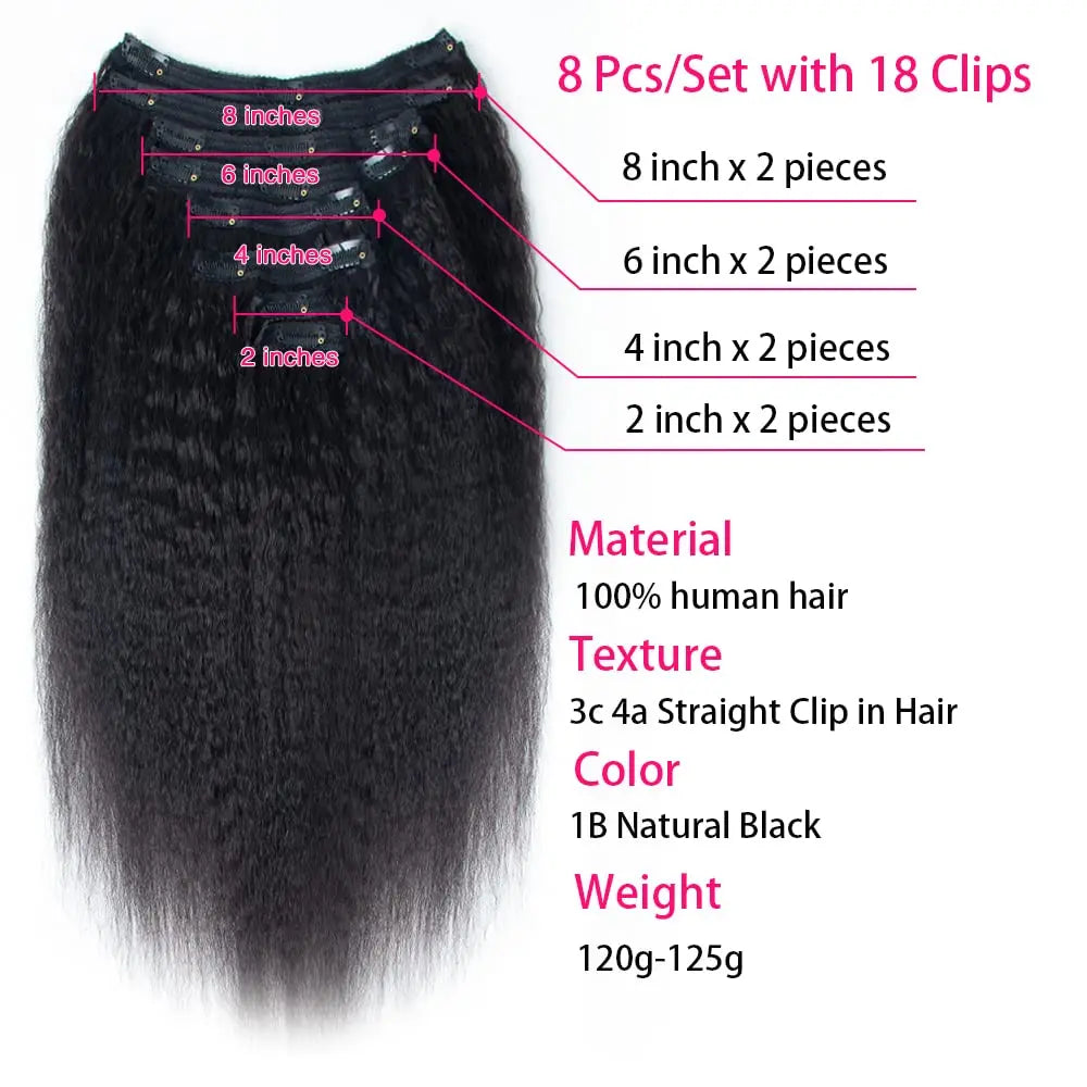 Kinky Straight Clip in Human Hair Extensions 8pcs Per Set with 18Clips Brazilian Virgin Human Hair Natural Black Color For Women