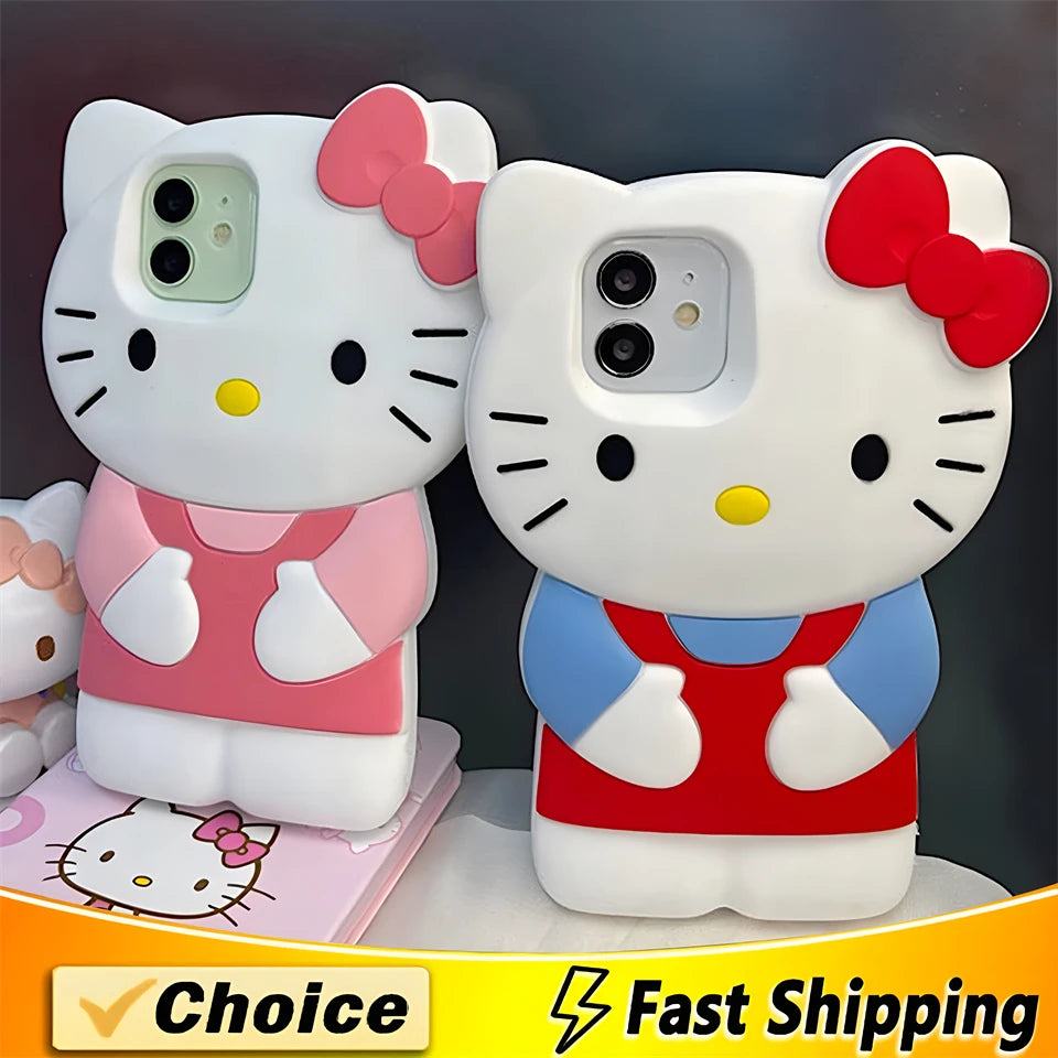 Sanrio 3D Stereoscopic Hello Kitty Cases For iPhone 15 14 13 12 11 Pro Max Mini XR XS 8 Plus Soft Silicone Shockproof Back Cover