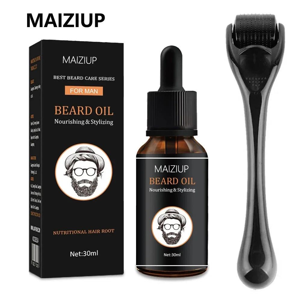 MAIZIUP Beard Growth Kit 30ml Beard Essential Oil for Men Facial Hair Growth Enhancer Thicker Oil With Beard growth Roller