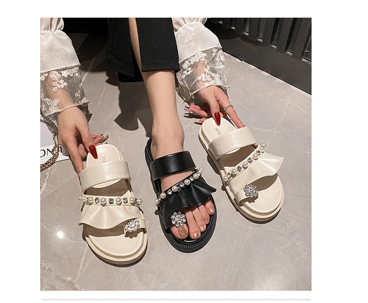 pearl rivets thick bottom women slippers crystal beading flip flops lace band platform sandalias mujer pearl slides big size 43