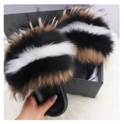 SARSALLYA Fur Slippers Women Real Fox Fur Slides Home Furry Flat Sandals Female Cute Fluffy House Shoes Woman Brand Luxury 2024