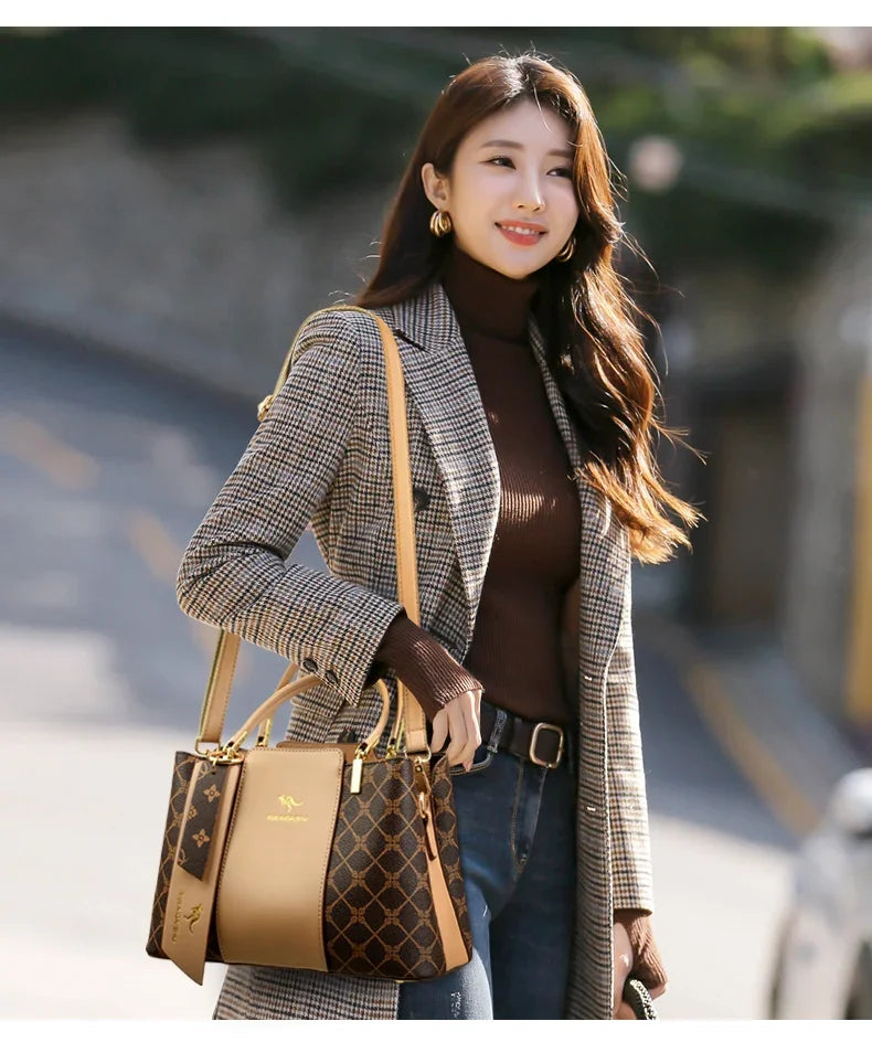 Women Luxury Top-Handle Bags 3 layer Design Fashion Print Handbag High Quality Leather Shoulder Bag Large Capacity Women Handbag
