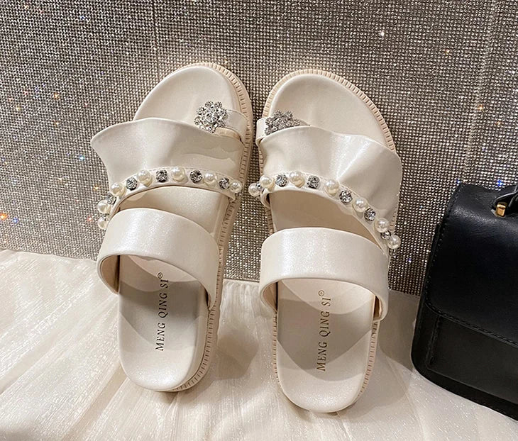 pearl rivets thick bottom women slippers crystal beading flip flops lace band platform sandalias mujer pearl slides big size 43