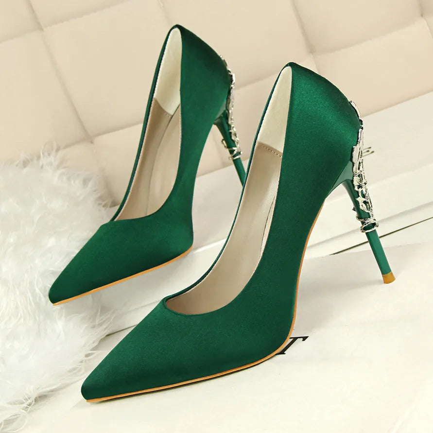 Woman 10cm High Heels Metal Heels Satin Silk Dress Fashion Pumps Lady Wedding Bridal Scarpin Catwalk Orange Green Wine Red Shoes