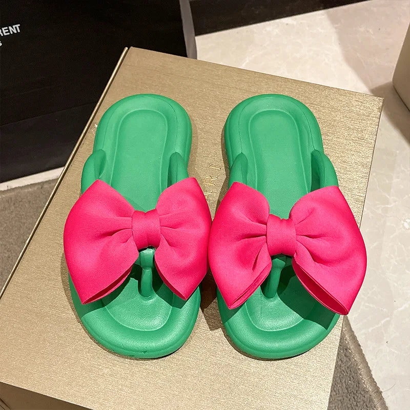 Cute Women's Summer Slippers Girls Outdoor Anti-slip Slides Adults Indoor Waterproof Sandals Couples Sweet Bow Tie Flip Flops