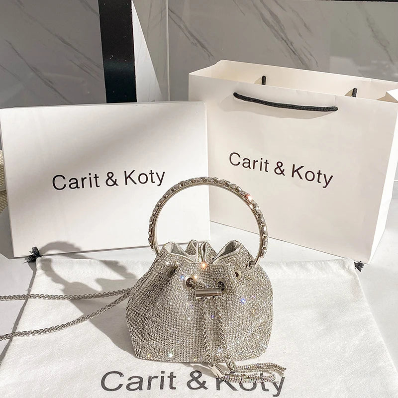 Rhinestones Diamond Evening Clutch Bag Luxury Designer Metal Ring Women's Handbag Wedding Party Bling Bucket Purse Shoulder Bag