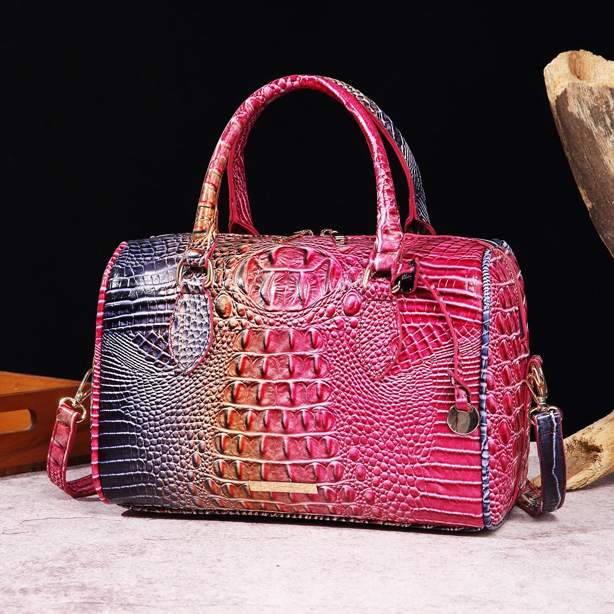 Ombre Crocodile Embossed Boston Handbag Classic Style Crossbody Bag Women's Leather Satchel Purse