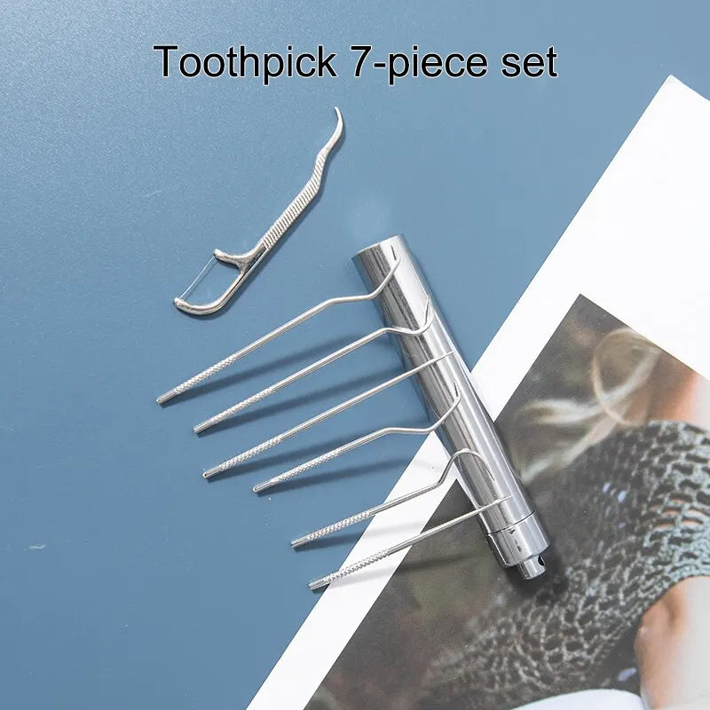 Stainless Steel Toothpick Set Portable Toothpick Holder Care Metal Dental Cleaning Tools Seven Pieces Set