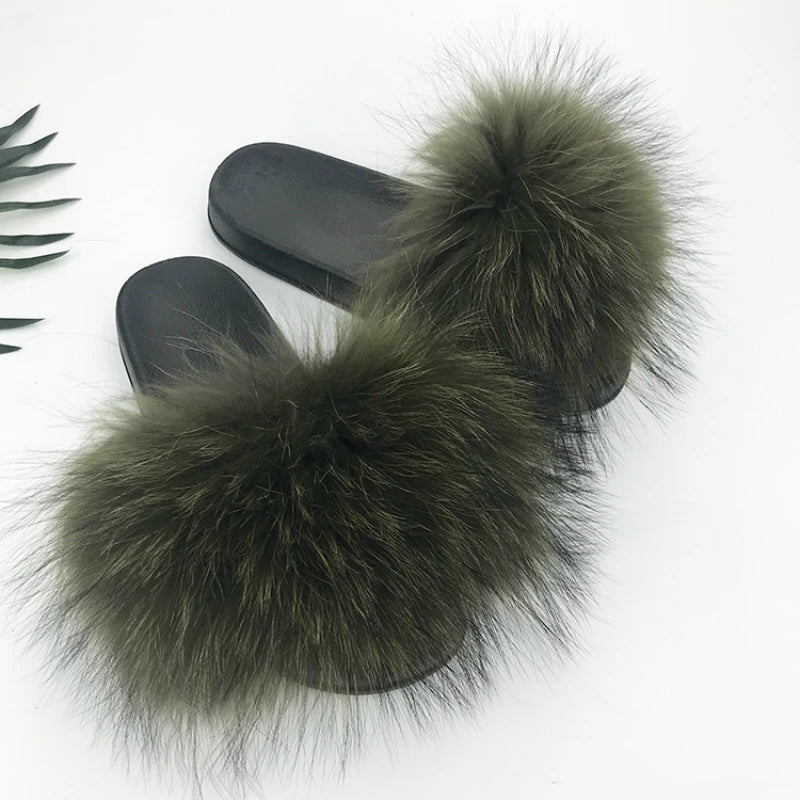 SARSALLYA Fur Slippers Women Real Fox Fur Slides Home Furry Flat Sandals Female Cute Fluffy House Shoes Woman Brand Luxury 2024