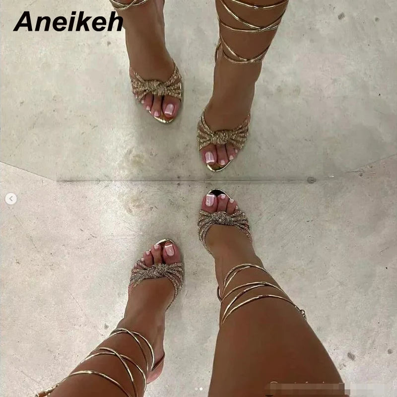 Aneikeh 2025 New Fashion Concise Square Open Toe Narrow Band Ankle Cross-Tied Thin High Heel Women Sandals  Sandals Silver Gold
