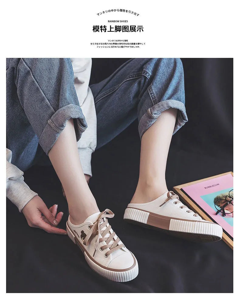 Comemore High-top Canvas Woman Vulcanized Shoes Flats Casual Espadrilles for Women Spring Lady Black White Bear Lace Up Sneakers